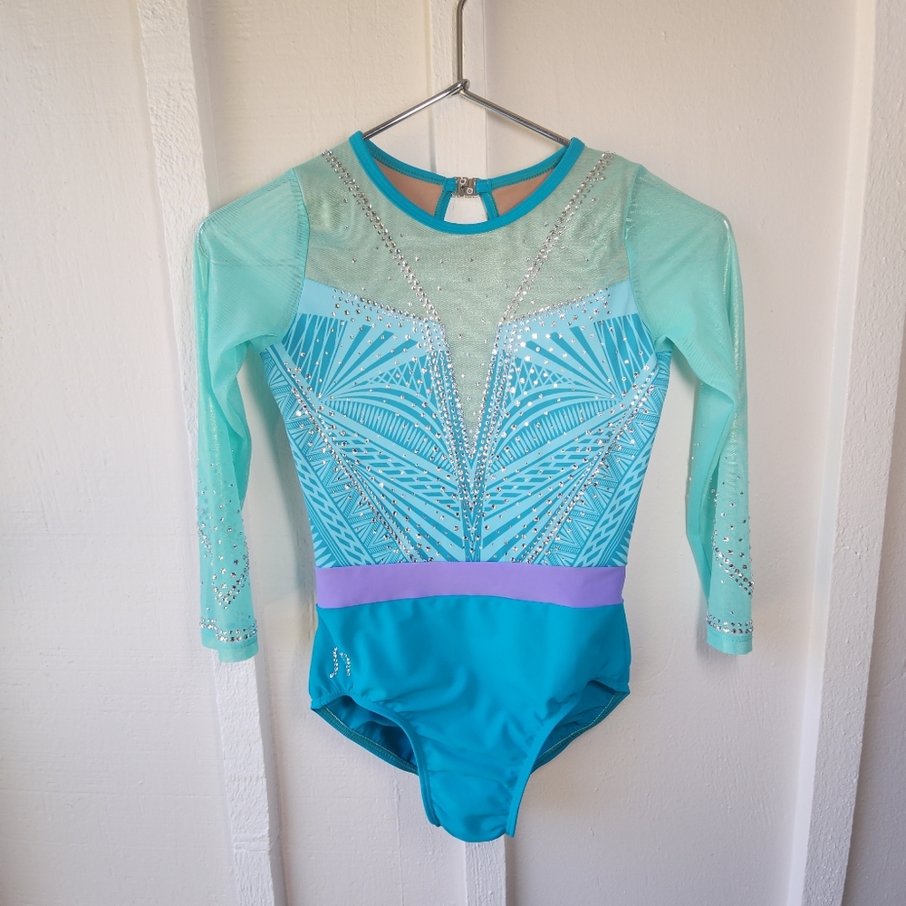 SYLVIA P Turquoise & Mint Sparkle Gymnastics Leotard Lavender Waistband 10 Short